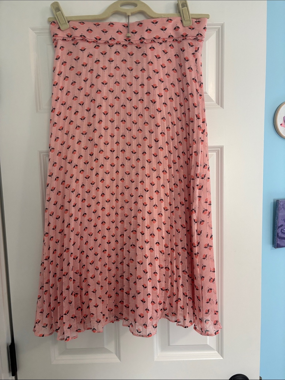Ann Taylor Pink Pleated A-Line Skirt with Red Floral Motif